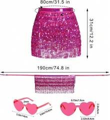 Sequin Belly Dance Scarf Tassel Wrap Sparkly Fringe Skirt With Pair Heart Party Rave Costume Women - 玫紅色 - 查看 4