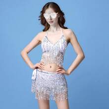 Sequin Belly Dance Scarf Tassel Wrap Sparkly Fringe Skirt With Pair Heart Party Rave Costume Women - Silver - View 2