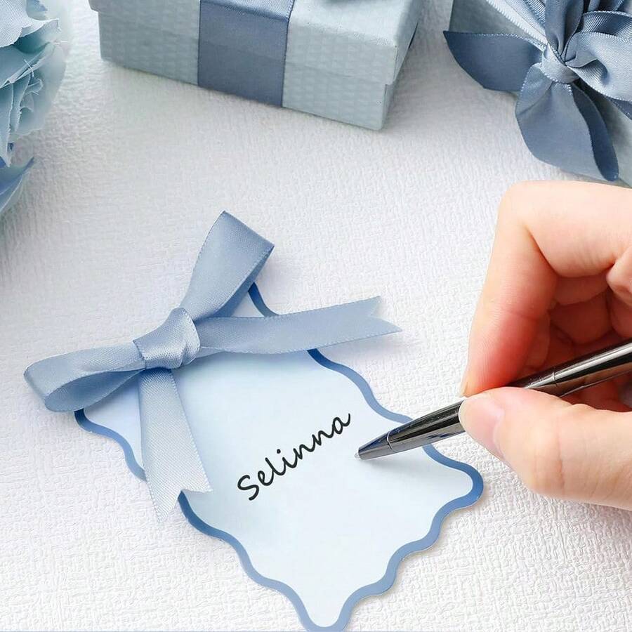 Scallop Shaped Place Cards, DIY Wedding Table Cards With Ribbons, Includes Place Cards And Ribbons, Suitable For Weddings, Parties, Celebrations (Gray-Blue) - Baby Blue - View 1