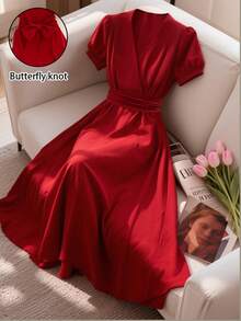 新款系带V领复古风连衣裙，女士夏季优雅之选 - 紅色 - 查看 1