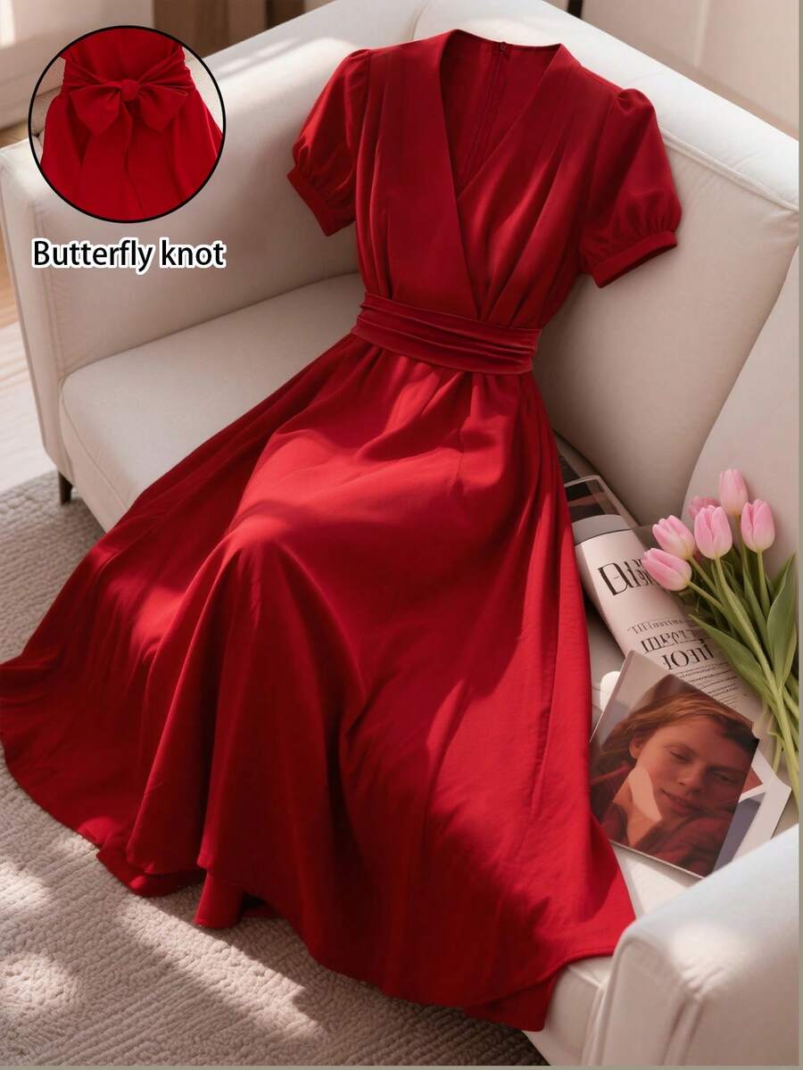 新款系带V领复古风连衣裙，女士夏季优雅之选 - 紅色 - 查看 1