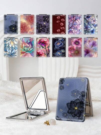 1pc Floral Compact Makeup Mirror, Lightweight, Foldable, Portable, PU Leather, Suitable For Travel, Gatherings, Work, School, All Ages