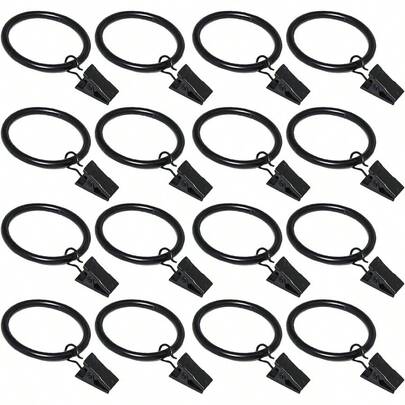 16 Pack Curtain Rings With Clips, Window Clip Rings Black Curtain Hooks Hangers Clip Rings Hanging Drapery Drapes Bows, Small 1.26 Inch In Diameter, Fits To 1 Inch Rod