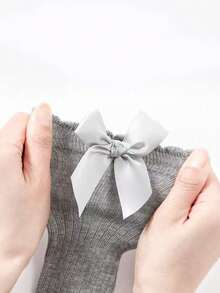 1 Pair Girls/Toddlers Solid Color Bow Decor Over-The-Knee Socks, School Style - Red - View 6