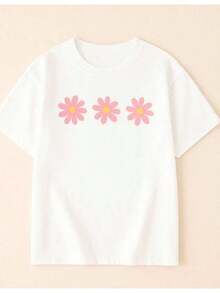 Set Of 3 Girls' T-Shirts With Minimalist And Casual Floral Prints, 100% Cotton, Girls' Blouse, Spring/Summer. - 白色 - 查看 2