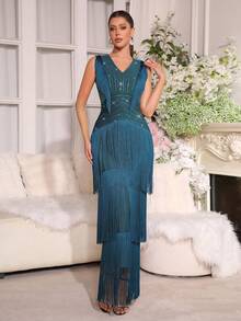 New Fashionable Fringed Maxi Dress, Rhinestone Embellished Slimming Sexy Long Dress, Suitable For Women's Wedding, Festival Party, Formal Dinner Gown - Teal Blue - View 6