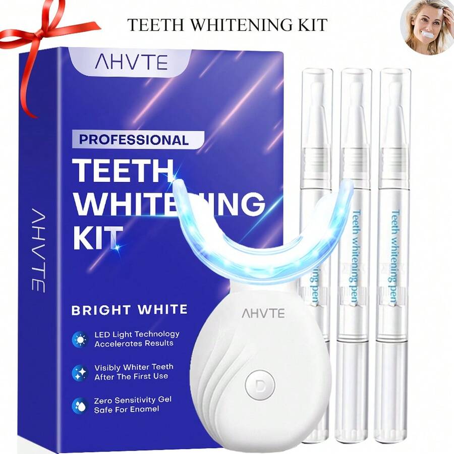 Home Teeth Whitening Kit | Wireless Convenient Teeth Whitening LED Light + 3pcs 3ml Upgraded Teeth Whitening Gel Essence | Deep Clean Stains, Brighten Teeth - 2-In-1 Clean & Whiten | Suitable For Home, Travel, Gifts And More - White - View 1