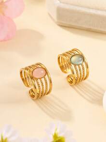 1pc,2pcs Stainless Steel Fashion Retro Style Women's Pink And Blue Cat's Eye Gemstone Open Ring Set, Suitable For Women's Daily Wear Or Gift Giving - Yellow Gold - View 2