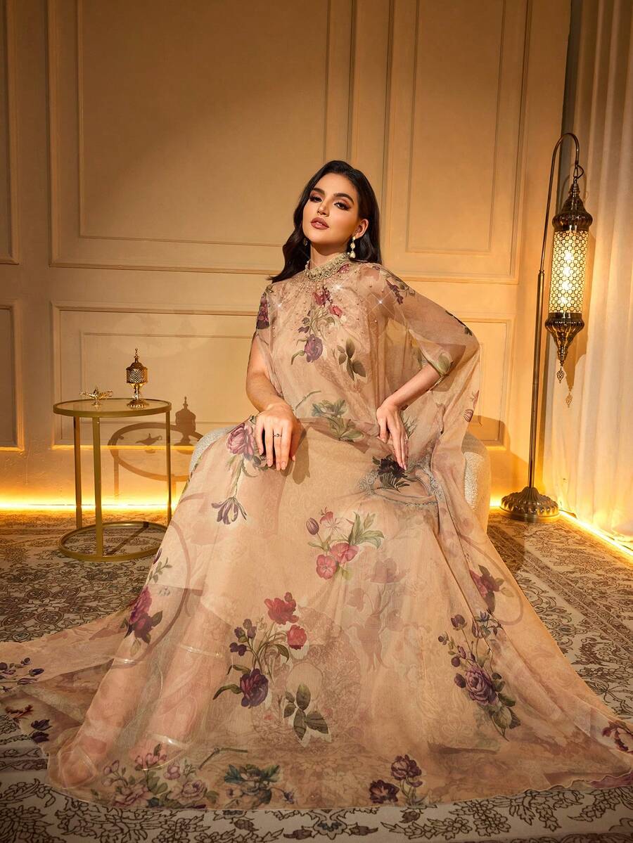 Elegant Floral Print Kaftan Robe With Faux Pearl & Applique Details, Batwing Half Sleeve Stand Collar Caftan Eid - Camel - View 1