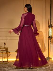 Elegant Women's Long Sleeve Stand Collar Tie-Waist Ruffle Hem Bell-Sleeve Woven Dress With Belt, Perfect For Parties Or Romantic Occasions Party - Burgundy - View 2