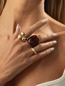 4pcs/Set Bohemian Geometric Asymmetrical Hug Wide Band Fashion Resin Ring Set, Luxurious Casual Party Daily Wedding Holiday Versatile Charm Jewelry Ring Gift For Women - Ring - View 9