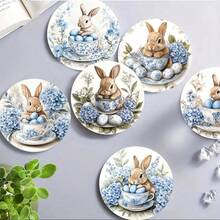 6pcs/Set Easter Blue Hydrangea & Rabbit Pattern Wooden Coasters, Suitable For Home, Restaurant And Various Occasions, Can Be Used As Daily Gifts, Desktop Decorations And Theme Party Decorations, Easter Gifts, Easter Decorations, Available In 1 Set, 2 Sets Or 31 Sets - White - View 4