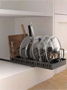 2pcs Adjustable Plastic Pot Rack Organizer With Retractable Lid Holder, Cutlery Rack, Dishwashing Board & Pull-Out Drawer For Kitchen Storage And Organizatio - Negro - Ver 4