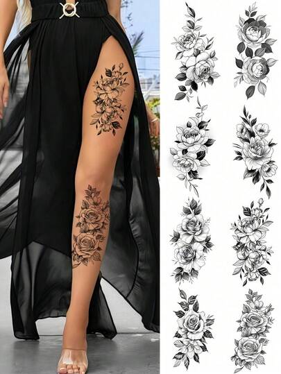 8 Sheets Temporary Tattoos Flowers Sexy Tattoos Black Realistic Rose Tattoo Stickers For Women Adult Fake Tattoos Body Art Arm Neck Sketch Realistic Floral Temp Tattoos For Party Daily Makeup