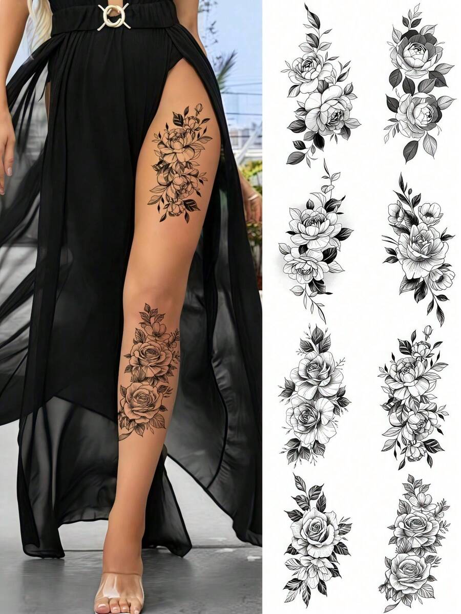 8 Sheets Temporary Tattoos Flowers Sexy Tattoos Black Realistic Rose Tattoo Stickers For Women Adult Fake Tattoos Body Art Arm Neck Sketch Realistic Floral Temp Tattoos For Party Daily Makeup - Black - View 1