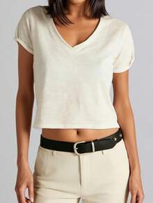 Women Summer V Neck Short Sleeve T-Shirts Casual Solid Crop Going Out Tops For Daily Office Party - 象牙白 - 查看 2