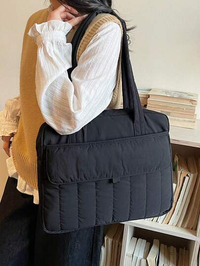 Bolso de tote de gran capacidad de 14 pulgadas con diseño acolchado y compartimento para laptop, material de nailon ligero, con bolsillos dobles en la solapa frontal, compartimento integrado para laptop y múltiples bolsillos interiores, cabe laptops de 14 pulgadas, libros y archivos, estilo minimalista y elegante, adecuado para mujeres trabajadoras, viajes de negocios y estudiantes