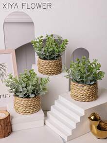 3pcs/Set Artificial Grass Hill Vine Small Potted Plants, Identical Items, Sea Grass Rope, Gift, Artificial Plant, Green, PE & Polyester Fiber Material, Handmade, Wedding Decor - Green-f - View 2