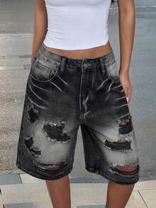 返校季Y2K街头风牛仔短裤，猫须图案做旧毛边斜插口袋直筒休闲短裤，适合约会、派对等场合，舒适高品质，春夏百慕大牛仔短裤，女款 - 煙黑色 - 查看 3