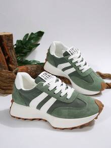 Nuevas zapatillas blancas para mujer de primavera/otoño, de caña baja, tacón bajo, punta redonda, con cordones, cómodas y casuales para deportes al aire libre, versátiles y multifuncionales, disponibles en tallas del 35 al 43, se sugiere pedir una talla talla grande grande - Verde - Ver 6