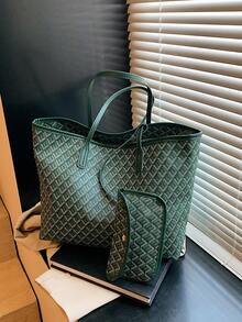 2pcs/Set 2026 New Fashion Patchwork Tote Bag, Large Capacity Travel Bag, Shopping Bag, Suitable For Women, Daily Use, Back To School Students, Vacation, Holiday, Date, Gift - 綠色 - 查看 4