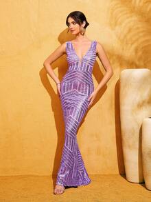 LOVE&LEMONADE Deep V-Neck Sleeveless Mesh Patchwork Geometric Sequin Maxi Fish Tail Party Evening Dress, Light Purple Vacation Wedding - Mauve Purple - View 4