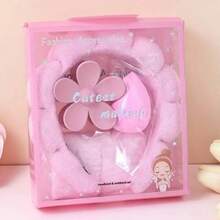 5件套柔和粉蓝色花朵发饰及腕饰套装 - 无缝发夹、发带、腕带 - 易于清洁、可水洗、亲肤，浅米色，适合生日派对、日常佩戴，理想的礼盒包装