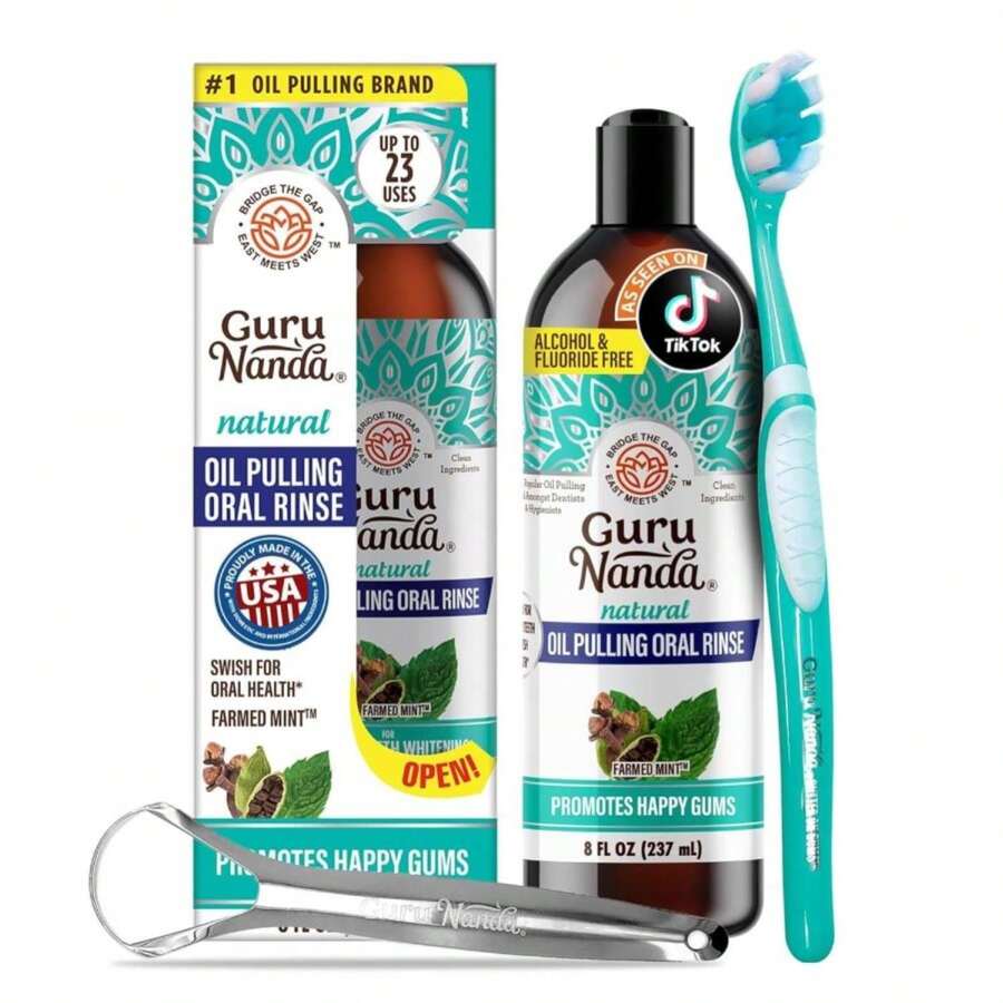 GuruNanda CocoMint Oil Pulling Mouthwash For Complete Oral Hygiene, 7 Essential Oils &Amp; Vitamins For Happy Teeth &Amp; Gums &Amp; Fresh Breath , Alcohol-Free, 8 Oz - MàuA - Xem 1