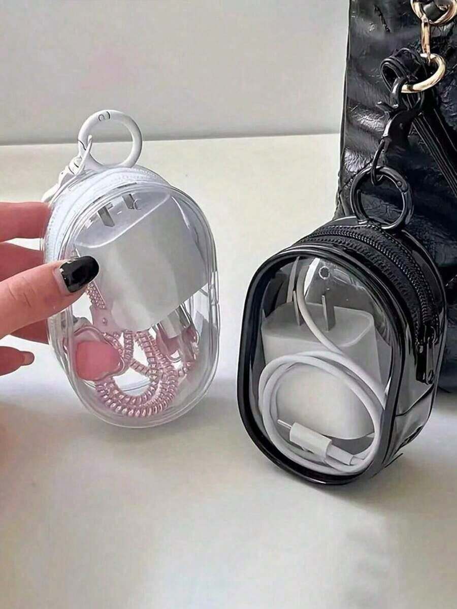 1 Transparent Multi-Purpose Data Cable Storage Bag With Hook Design, Portable Storage For Headphones When Traveling, Suitable For Travel - 黑色 - 查看 1