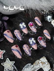 10 Fake Nails Press On Almond French Tip,Pink,Purple,Snakeskin,3d Three-Dimensional Decoration Element,Rhinestone Decor Star,White Bowknot,Waterdrop,Japanese Style Full Coverage Press On Nails Y2K Charms Set,The Set Includes 1 Mini Nail File And 1 Adhesive Sheet, Suitable For Women And Girls. Nail Art For Daily Use, Party, Weddings, Etc Nail Supplies - Multicolor - View 5