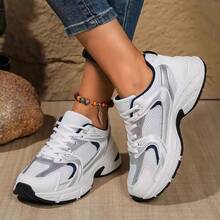 New Women Casual Sneakers, Chunky Sneakers, Shoes, White Shoes, Lace-Up Round Toe Mixed Material Breathable Versatile Printed Graffiti College Style Student Outdoor Hiking Casual Commuting Shoes - 藍色 - 查看 5