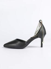 Women's Pearl Chain Decor Pointed Toe Ankle Strap Stilettos, Elegant Office Wear, Suitable For Workplace In Autumn, Black - Black - View 5