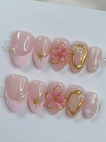 10片粉色镀金花卉Y2K风格美甲贴纸，杏仁形短款法式软妹可爱小花美甲，简约高端手工美甲贴片，适合日常佩戴，按压式美甲贴片，美甲用品，手工按压式美甲贴片 - 粉色 - 查看 3
