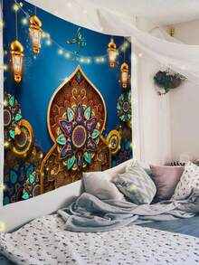 1pc Eid Mubarak Pattern Printed Tapestry, Large Size Decorative Hanging Cloth, Home Decor, Holiday Gift, Party Decoration, Live Streaming Background, Suitable For Living Room And Hotel, With Installation Bag (Accessories Included)
