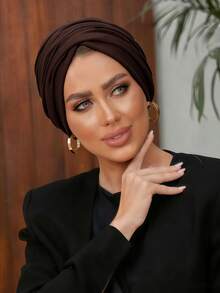 1pc Women's Classic Solid Color Chemo Turban Hat, High Elasticity & Pleated Design, Non-Slip & Breathable, Multi-Layer Pleated Headscarf, Perfect For Hijab, Soft & Skin-Friendly Modal Knitted Fabric, Suitable For Daily Wear - Coffee Brown - View 3