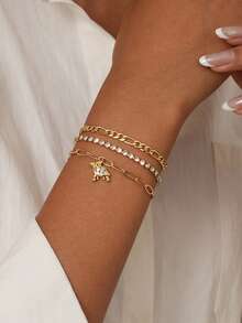 Tkool 3件套女士手链套装，波西米亚夏季海滩风，包含镀金多层基础链、费加罗链、网球锆石链、回形针链、铜镶嵌蓝色锆石海龟吊坠多层叠戴手链，海洋动物叠戴手链饰品礼品 - 金黃色 - 查看 3