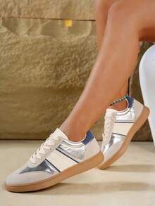 新款女鞋，时尚百搭系带条纹装饰厚底增高纯色软底休闲鞋，运动鞋，时尚轻便跑步鞋，适合日常穿着和通勤。 - 銀色 - 查看 2