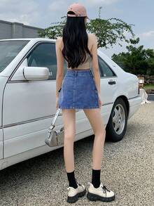 女士夏季休闲束口腰带工装口袋牛仔迷你裙 - 深色水洗藍 - 查看 2