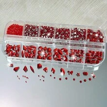 12格12色多形状平底3D美甲水钻，玻璃矿物朋克风金色水晶饰品工具套装，DIY工艺，面部，服装，美甲装饰，美甲饰品，美甲宝石，美甲用品，美甲 - 彩色 - 查看 13