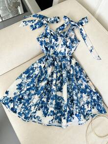 优雅印花褶皱吊带连衣裙，夏季 - 藍白色 - 查看 3