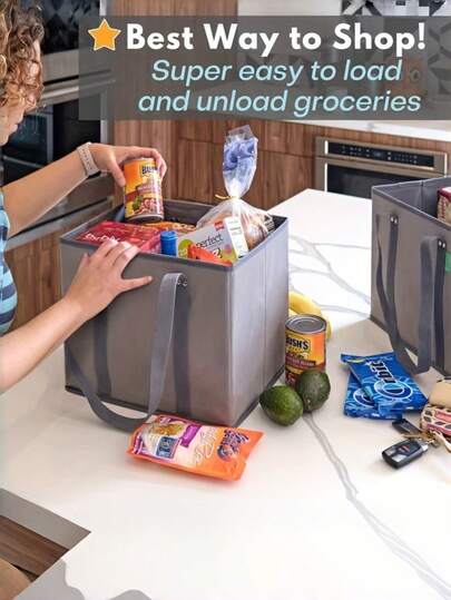 1 túi mua sắm tái sử dụng - Túi mua sắm tái sử dụng chắc chắn, hình hộp, có thể đứng thẳng, giữ được trạng thái mở và có thể gấp gọn - Túi xách cỡ lớn với quai dài và đáy được gia cố - Màu xám