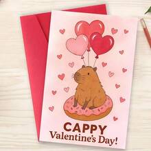 1 Cute Capybara Valentine's Day Card With Heart Balloon - Pink And Red Macaron Design, "Happy Valentine's Day" Text With Envelope, Perfect For Couples, Friends And Lovers, Romantic Greeting Cards | Fun Designs | Decorative Envelopes - 紅色 - 查看 5