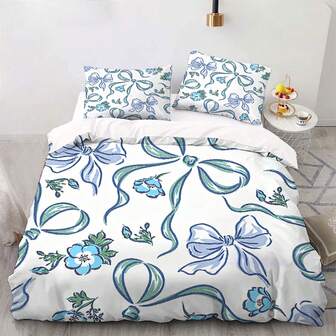 2/3pcs Blue Bowknot Print Duvet Cover Set (1* Duvet Cover + 1/2 * Pillowcase, Coreless) , Elegant Design Polyester Fiber Bedding Set,Soft Comfortable Duvet Cover, For Bedroom, Guest Room