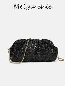 This Stylish New Women's Handbag Features A Sequined Design And A Metal Chain Embellishment. Versatile And Practical, It's Suitable For Various Occasions Such As Parties, Dates, And Banquets. - Black - View 5