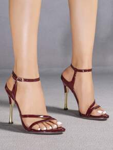 Jin Bei Qi 女士圆头极简系带踝带搭扣漆皮舒适高跟凉鞋，优雅奢华时尚性感高端派对高跟鞋，酒红色，春夏穿搭 - 酒紅色 - 查看 2