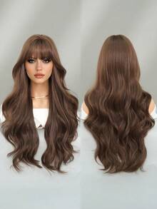 7JHH WIGS Loose Long Wavy Natural Brown Wig With Bangs 26 Inch Tea Brown Hair Synthetic Curly Wave Wig Full Machine High Density Synthetic Heat Resistant Wigs For Women Daily Wear, Music Festival Cosplay Use - Brown - View 6