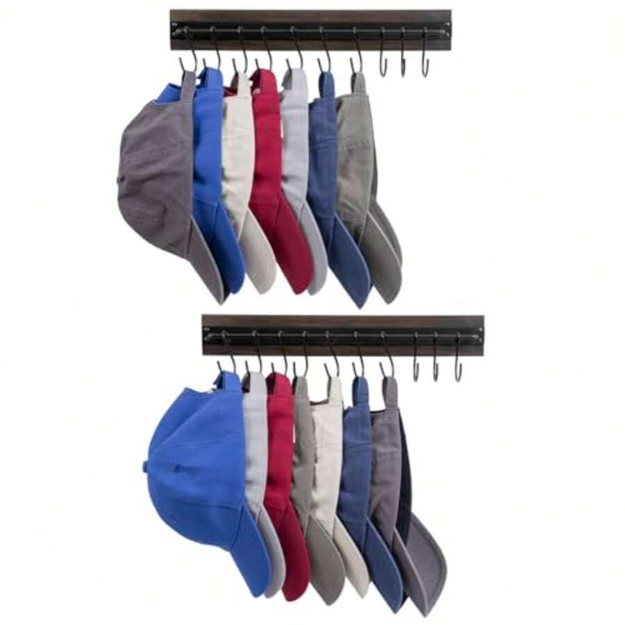 CYPNMyGift - Juego de 2 estantes para colgar sombreros madera rústica quemada oscura y metal negro mate para colgar en la pared con ganchos en SFashion - Marrn Oscuro - Ver 1