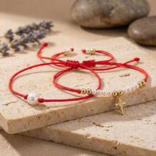 1PC Fashion Simple Cross Bracelet, Micro Inlaid Copper Cross Bracelet, White Faux Pearl Bracelet, Copper Bead Bracelet, Red Luck Bracelet, Lucky Bracelet, Red Adjustable Woven Bracelet, Sisters Bracelet, Couple Bracelet, Birthday Gift, Valentine's Day Gift, Family Gift, Anniversary Gift