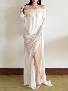 YeonC 纯感风格长袖无肩带连衣裙，透明纯色下摆和开衩缎带下摆针织面料宴会礼服 - 白色 - 查看 1