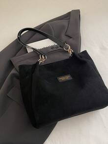 时尚条纹手提包 - 女士大容量单肩包 - 拉链托特包，日常使用 - 简约链条单肩托特包，适合青少年女孩、大学生、职场新人及白领，完美适用于办公室、工作、商务、通勤等场合，是女士最佳工作包之选。 - 黑色 - 查看 10